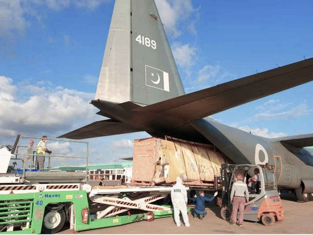 Pakistan C-130 Aircraft loading food and medicines for Afghanistan